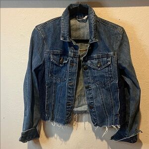 Free People Distressed Cropped Denim Jacket with Lace sides size XS